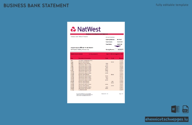 Beispielvorschau eines Kontoauszugs des NatWest Bank-Unternehmenskontos (Word und PDF)